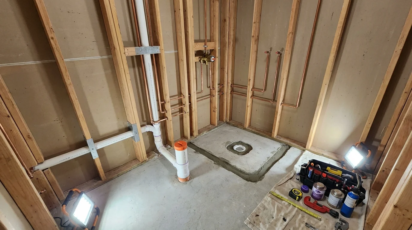 Bathroom rough-in plumbing during remodel by Johns Plumbing LLC in Jarales