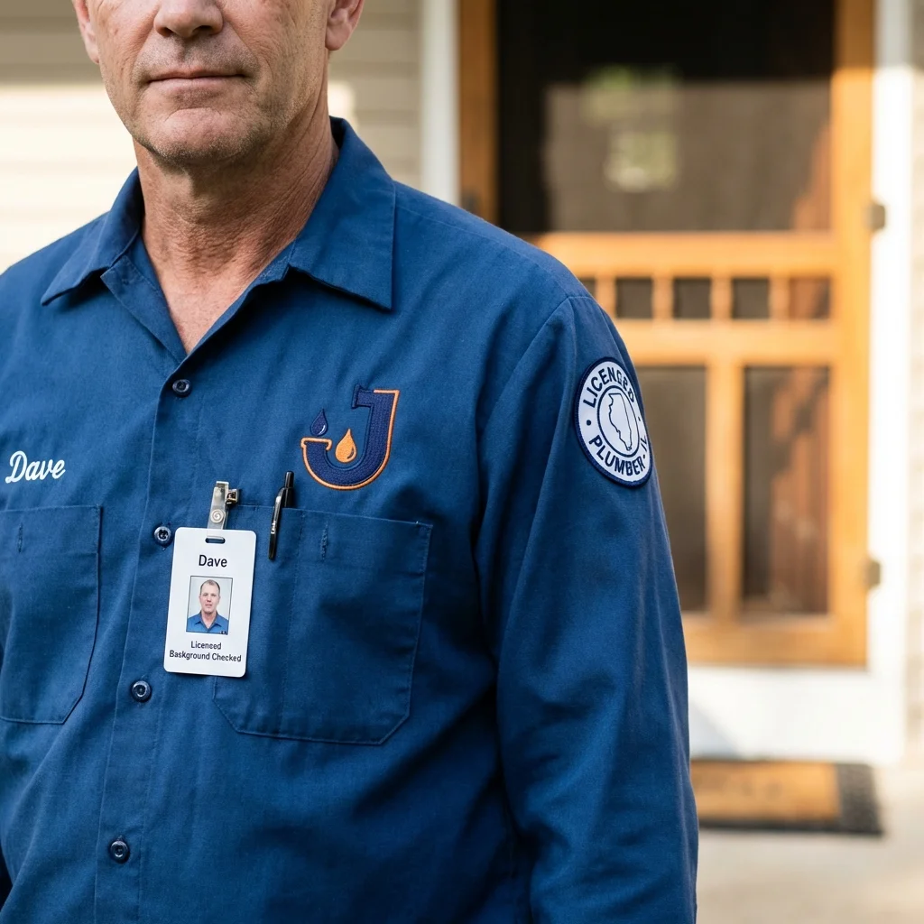 Licensed plumber showing ID badge in Jarales, NM
