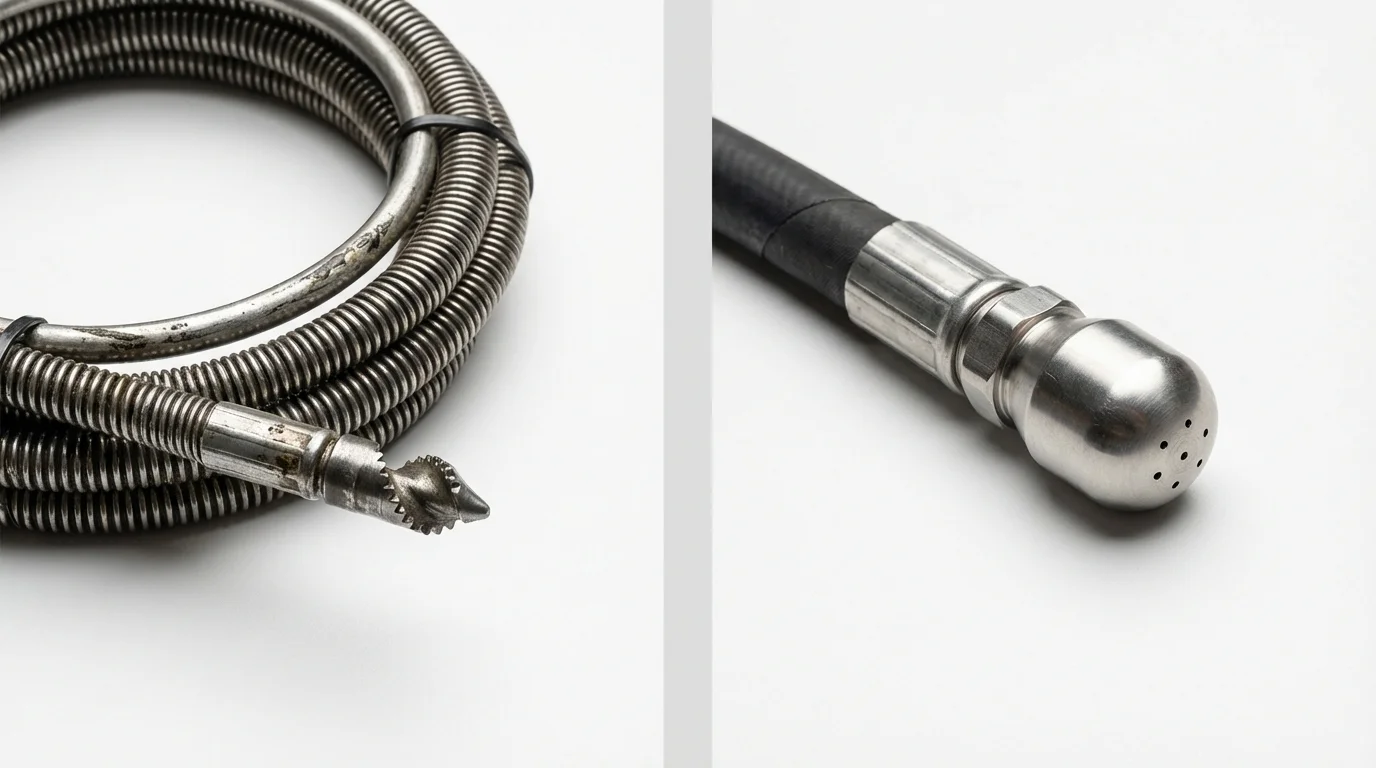 Drain snake cable and hydro jetting nozzle used for drain cleaning in Jarales, NM