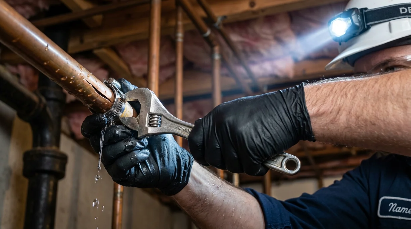 Emergency pipe clamp repair being performed by a Johns Plumbing LLC plumber in Jarales