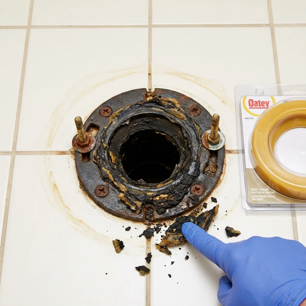 Failed wax ring showing water seepage at the base of a toilet in a Jarales, NM home