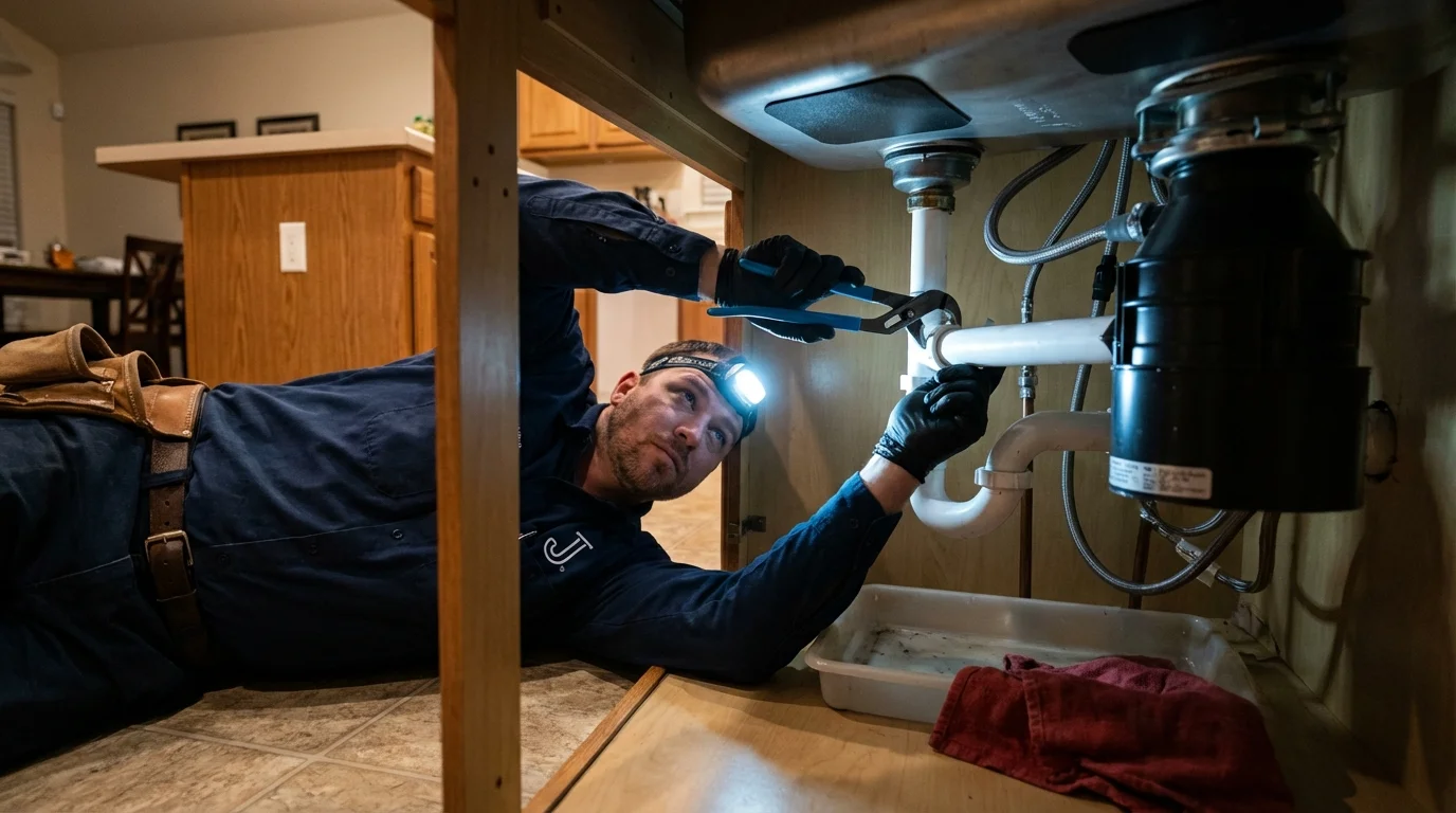 P-trap and supply line connections under a kitchen sink showing a common leak point in Jarales, NM